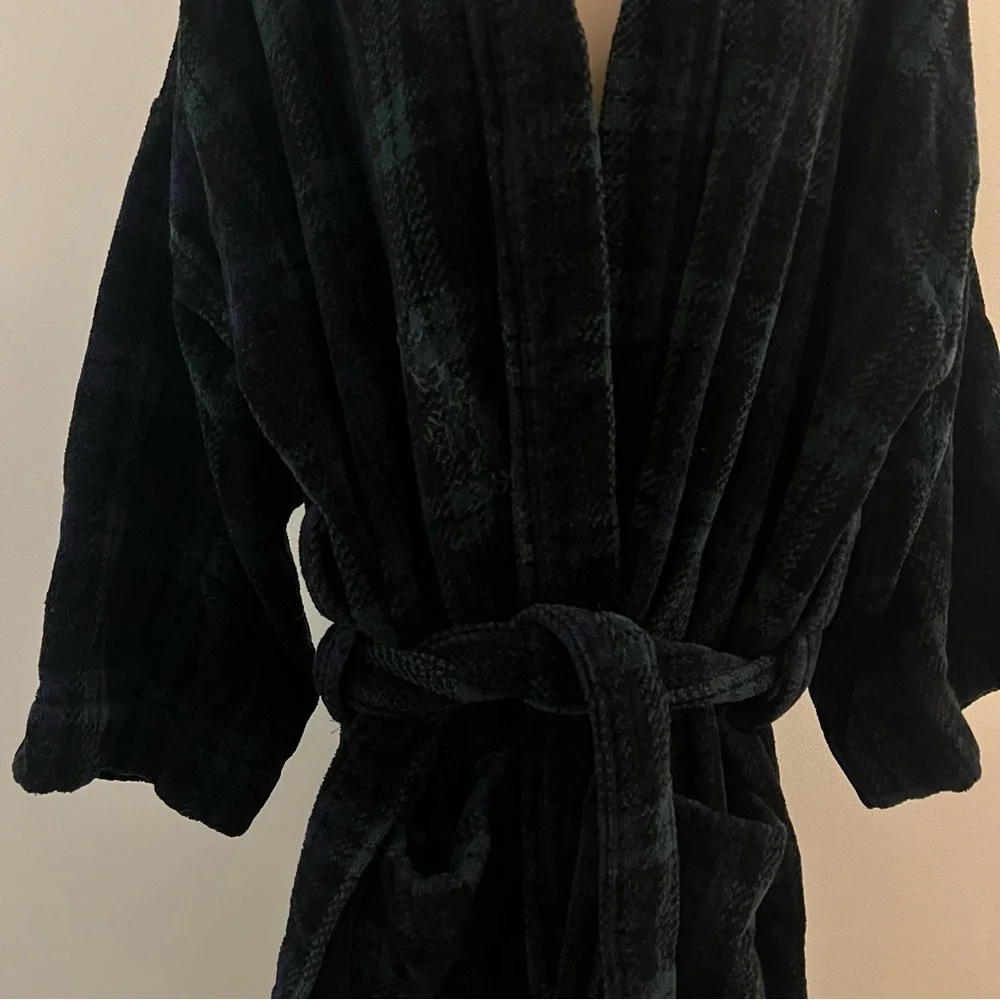 Vintage Christian Dior Pyjama Cotton Robe Plaid Green Blue One Size Terry Robe - Picture 11 of 12